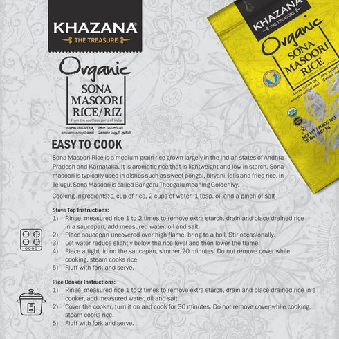 20 lb Organic Sona Masoori Rice by Khazana in Bag - Aromatic and Flavorful Indian Grain - Non-GMO, Gluten Free, Kosher