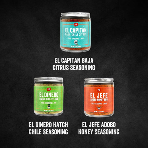 Pack PS Seasoning Taco Box El Jefe, El Dinero, El Capitan - Complete Taco Tuesday Seasoning Kit & BBQ Dry Rub Variety