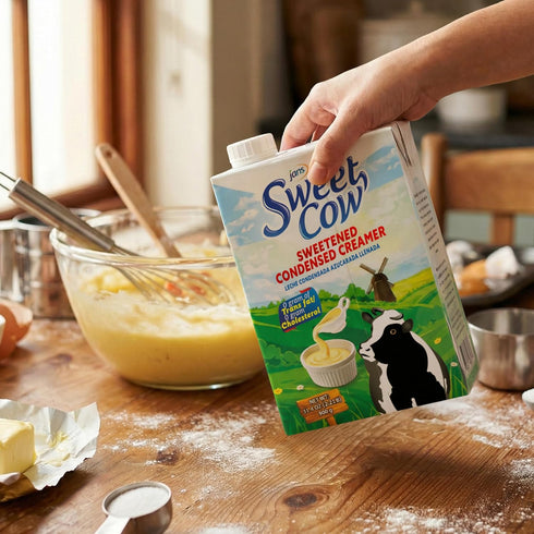 31.4 oz Jans Sweet Cow Sweetened Condensed Milk Resealable Tetrapak, Shelf Stable Creamy Coffee Creamer for Baking