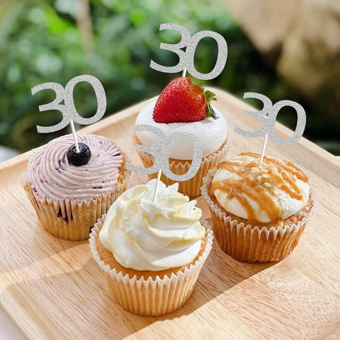 Sumerk 24PCS Silver Glitter Cupcake Toppers, 30th Birthday Picks, Anniversary Party Decorations