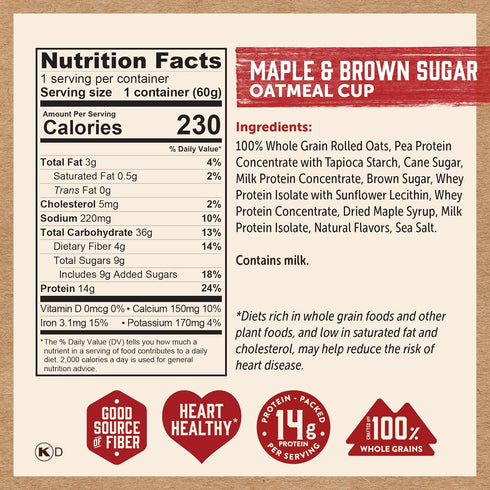 2.12oz (Pack 12) Kodiak Cakes Instant Protein Maple & Brown Sugar Oatmeal in a Cup