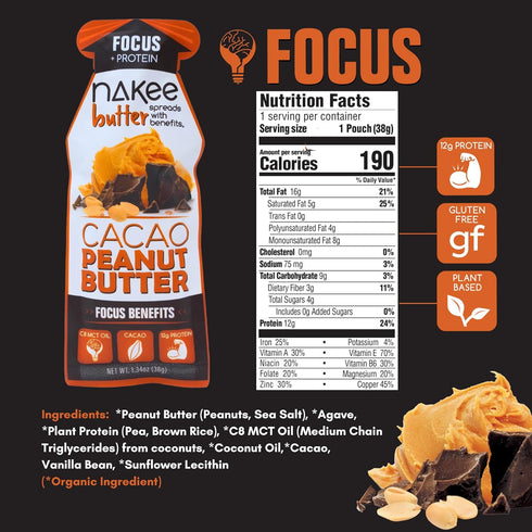 C8 6 Pack Nakee Butter Focus Cacao Peanut Butter - Gluten-Free, Keto, Low-Carb, High-Protein with MCT Oil