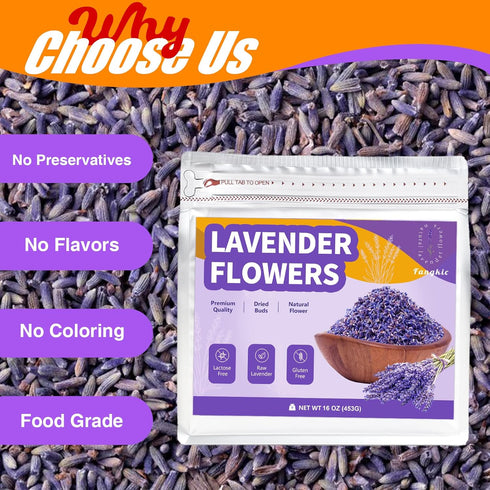 (16 oz) Dried Culinary Lavender Flowers - Food Grade Lavender Buds for Tea, Baking, Potpourri, Home Fragrance