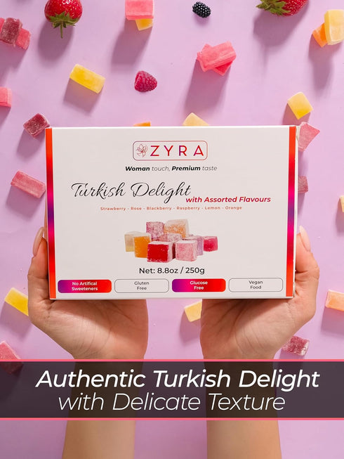 8.8oz ZYRA Turkish Delight - - Woman Owned Brand - Luxury with Assorted Fruit - Rose, Strawberry, Raspberry