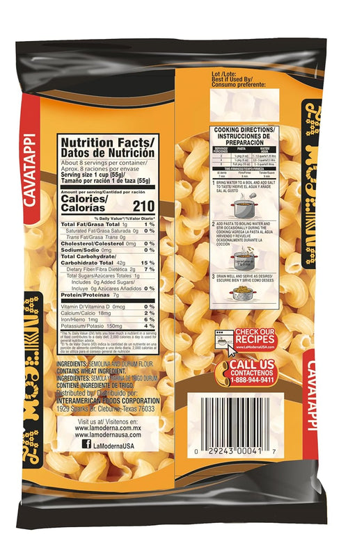 16 oz (Pack 20) LA MODERNA, Cavatappi Tornillos Pasta, of | Enriched Durum Wheat Semolina | Kosher, Non-GMO, Iron