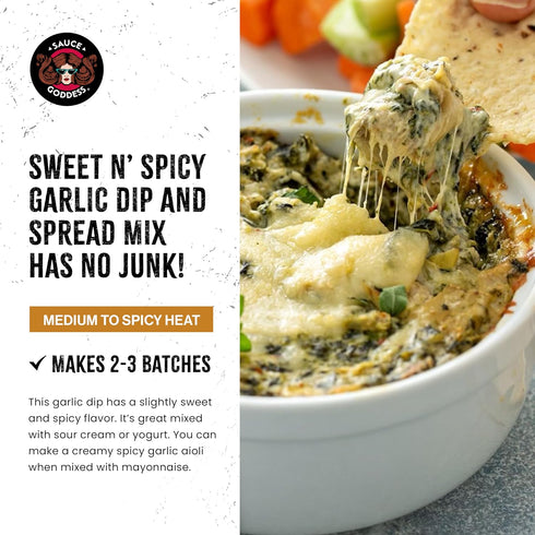 (4-Pack) Sauce Goddess - Sweet n Spicy Garlic Dip & Spread Mix - Low Sugar, Low Sodium, Fat-Free, Vegan, Medium-Spicy