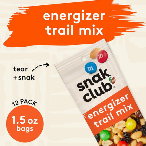 2 oz 12 Pack Snak Club Energizer Trail Mix with Roasted Salted Peanuts, Raisins, Chocolatey Candies, Roasted Almonds
