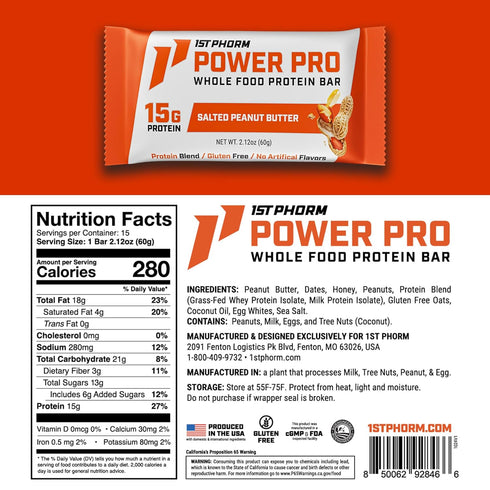 1st 15G 15 Count Phorm Power Pro Protein Bars, Salted Peanut Butter Flavor, Whole Food Protein, Gluten Free, Snack Bars