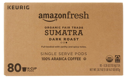 Amazon Fresh 80 AmazonFresh Ct. Organic Fair Trade K-Cups, Sumatra Dark Roast, Keurig K-Cup Brewer Compatible