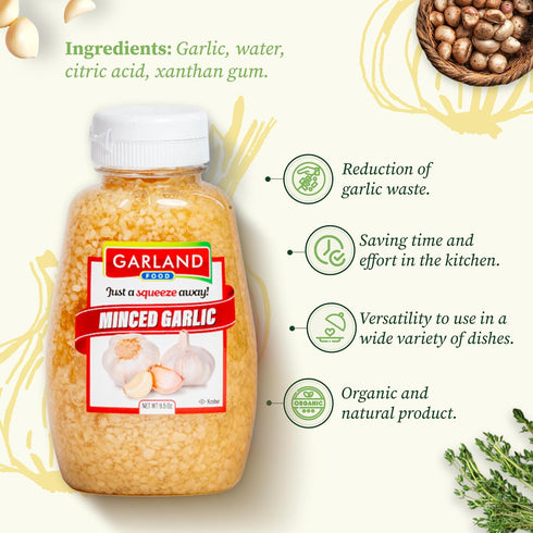 9.5 oz Garland Food Squeezable Minced Garlic in Water Made in the USA - Garlic Minced Squeeze Bottle for Fresh Flavor