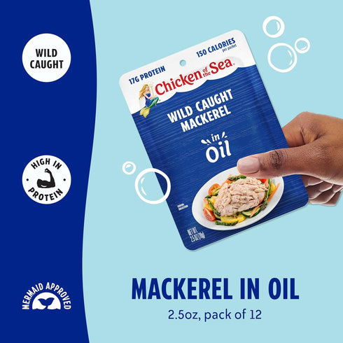 2.5 oz. Packet 12), Chicken of the Sea Mackerel in Oil, (Box of Wild Caught