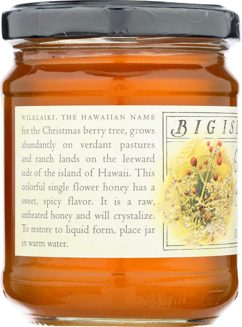 (9 oz Organic Wilelaiki (Hawaiian Christmas Berry) Raw Honey, Single Floral Variety by Big Island Bees Glass Jar)