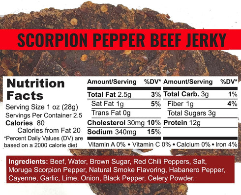 2.5 Slate Belt Smokehouse Scorpion Pepper Jerky, Spicy Beef Jerky with Heat Ounce