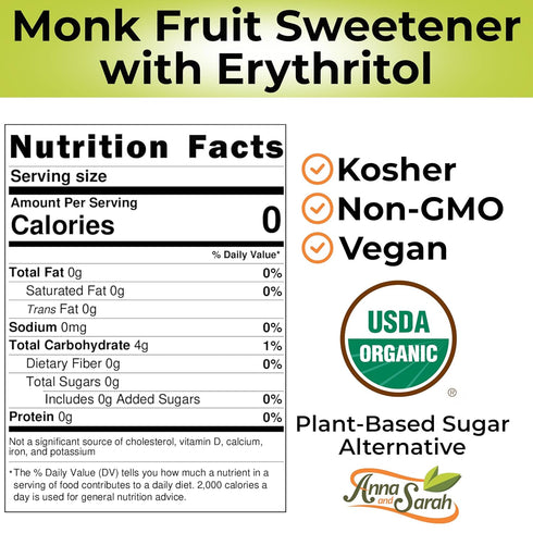 1 Lb 16 Organic Monk Fruit Sweetener with Erythritol, White Sugar Substitute, Plant-Based Sugar Alternative, Kosher