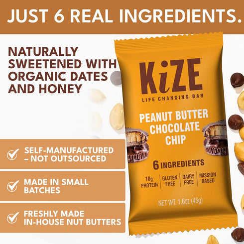 10g (10 Count) KiZE Energy Bars - Peanut Butter Chocolate Chip - Gluten Free, Dairy Free, Non-GMO, and High Protein