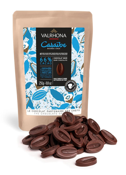 Valrhona Dark French Semisweet Chocolate Discs for Baking (Feves). Premium CARABE 66%