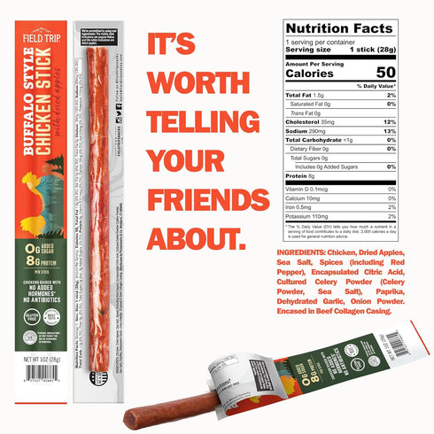 0 50 1oz, 24 Pack Field Trip Hormone Free Spicy Buffalo Chicken Jerky Snack Sticks, Sugar, Keto, Paleo, Gluten Free