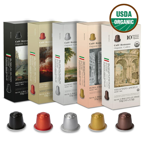 100 Pack pack) Organic USDA Caf Romano Coffee Aluminum Espresso Pods For Nespresso Original Machine Italian Espresso