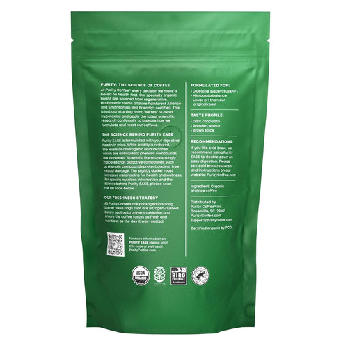 (12oz Purity Coffee EASE Low Acid Dark Roast Whole Bean Bag) | Specialty-Grade USDA Organic Arabica Blend | Third Party