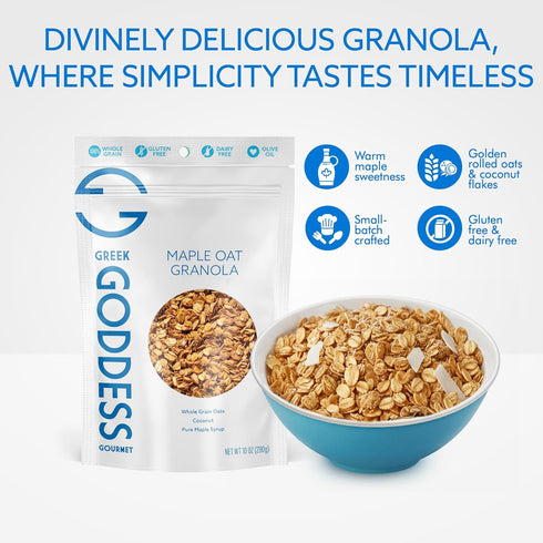 100% 10oz (1-Pack) Greek Goddess Gourmet Maple Oat Granola with Pure Maple Syrup, Coconut, Extra Virgin Olive Oil