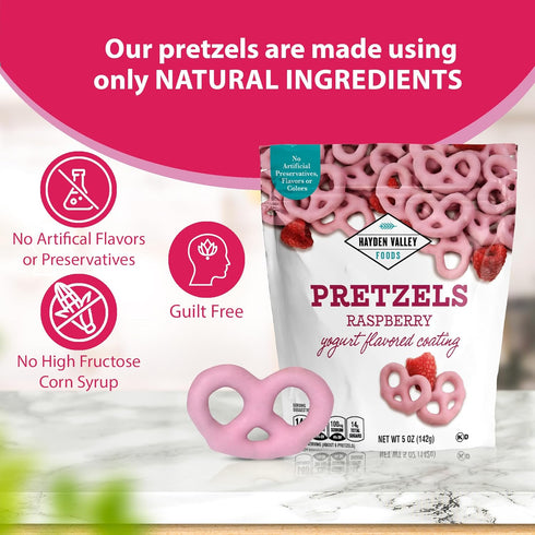 5 oz Hayden Valley Foods Raspberry Yogurt Flavored Covered Pretzels | Resealable Bag | Gourmet Pink Valentine's Day