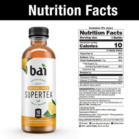 18 (Pack 12) Bai Iced Tea, Tanzania Lemon, Antioxidant Infused Supertea, Crafted with Real Tea (Black Tea, White Tea)
