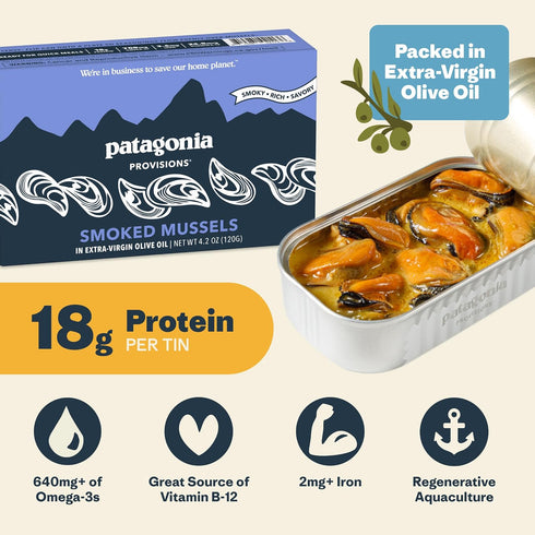 18g Patagonia Provisions - Smoked Mussels in Extra Virgin Olive Oil | Responsibly sourced | Protein per tin & Gluten