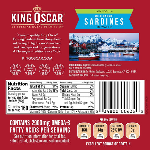 3.75 (Pack 12) Packaging King Oscar Wild Caught Brisling Sardines In Pure Spring Water, Ounce of ( May Vary )