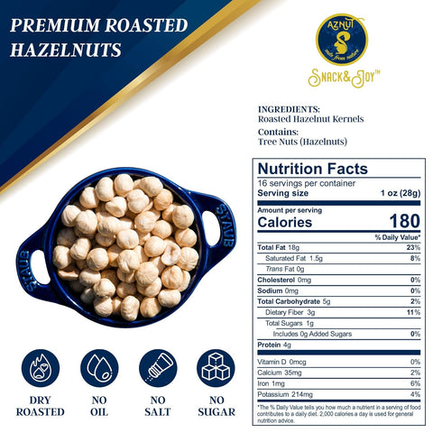 ,16 oz Roasted Hazelnuts Natural Non-GMO Certified, Unsalted, Dry Roasted, Kosher Certified