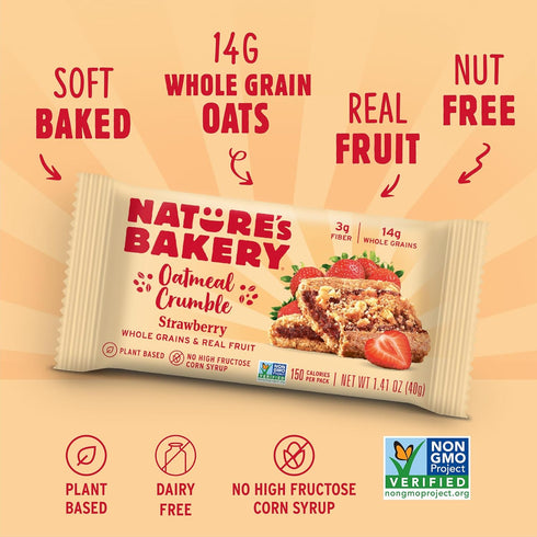 7 12 (84 Nature's Bakery Oatmeal Crumble Bars, Strawberry, Real Fruit, Vegan, Non-GMO, Breakfast Bar, boxes with bars