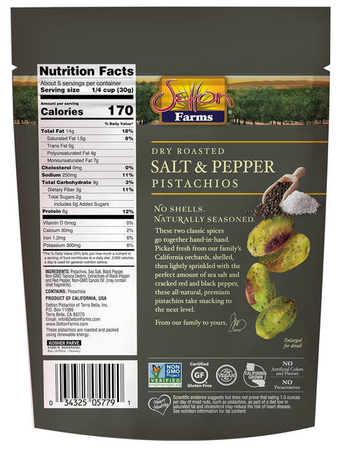 Setton 5 oz Farms Naturally Seasoned Pistachio Kernels, Salt and Pepper, No Shell Pistachios, Certified Non-GMO, Gluten
