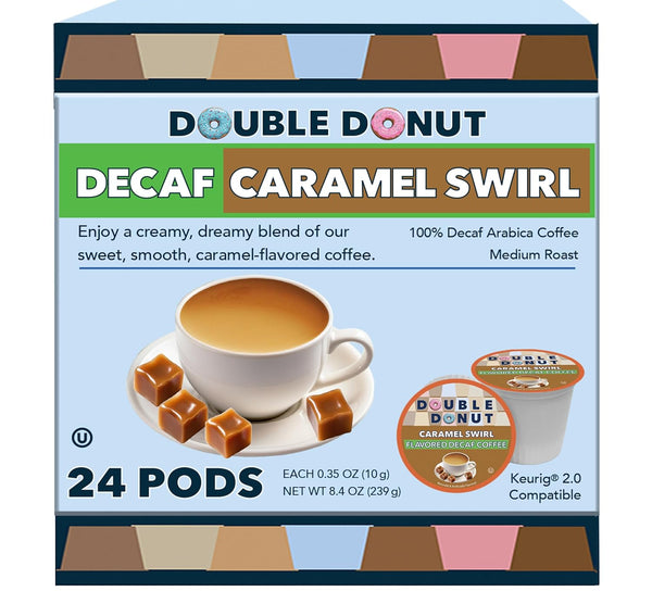 Double Donut Caramel Swirl Medium Roast Decaf Coffee Pods, 24 Capsules for Keurig K Cups Makers