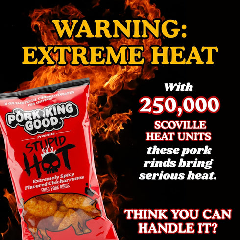 (4 Pack) Pork King Good Stupid Hot Pork Rinds - Low Carb, Keto Diet Friendly Snack - Extremely Spicy Chicharrones