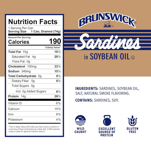3.75 oz (Pack 12) 14g Brunswick Wild Caught Sardines in Soybean Oil, Can of - Protein per Serving - Gluten Free, Keto
