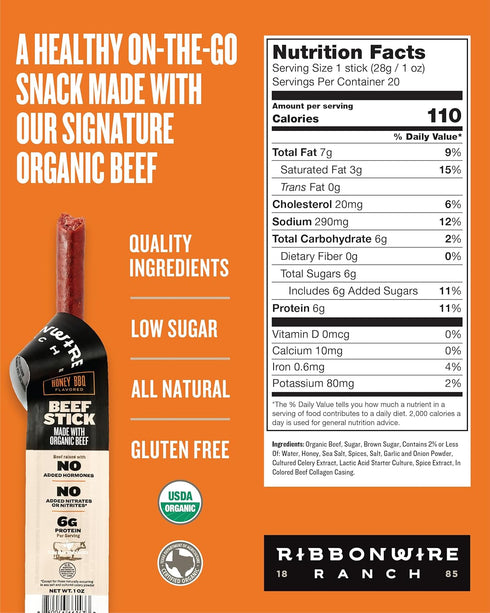 1 Oz 20 Pack Ribbonwire Ranch Beef Sticks, Made with Organic Beef, Pasture Raised, High Protein Snack, Healthy, Low
