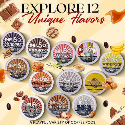 Pack 96 Count, 12 2.0 InfuSio Flavored Coffee Pods Variety Gourmet Medium Roast Dessert-Inspired Blends like Bananas