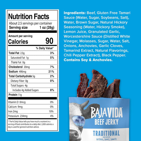 Packs, 2.5 Oz (Pack 3) Baja Vida Traditional Beef Jerky - Beef Jerky Snack Healthy Jerky, Gluten-Free, All-Natural