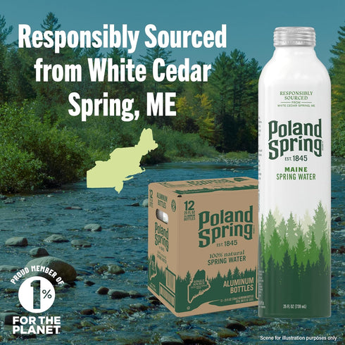 12 Pack- 25 oz Poland Spring Maine Spring Water Aluminum Bottle Crisp, Still Bottled Water with Naturally Occurring