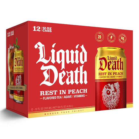 12 Oz (Pack 12) Liquid Death Iced Tea - Rest In Peach (Peach-Flavored Black Tea), Less Sugar*, Boost of Caffeine, B
