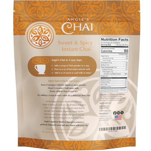 30 80 Angie's Chai Sweet & Spicy Organic Instant Chai Tea Powder - Made in USA, Delicious Spiced Chai Powder Mix