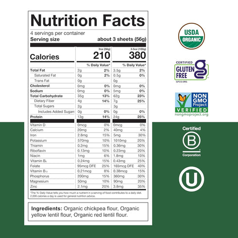 8 (Pack 6) Chickapea Organic Lasagne Pasta, Vegan, Gluten Free, Ounce