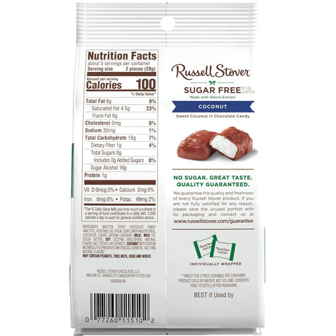 5 oz. RUSSELL STOVER Sugar Free Coconut in Chocolate Candy, bag