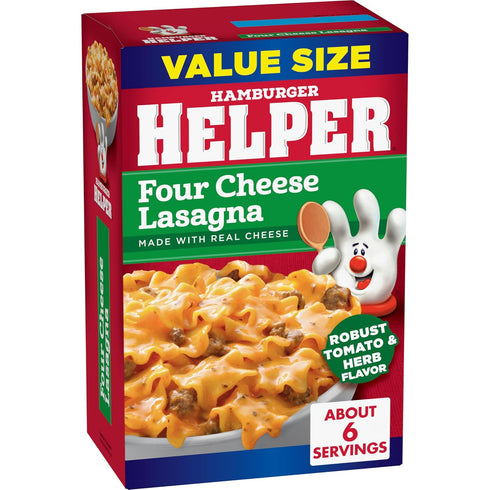 (8.8 oz 18 Pack) 3 Hamburger Helper Four Cheese Lasagna Value Size Pasta Meal - No Artificial Flavors, Ready in Easy