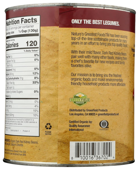 Nature's Greatest Foods 108 (6 LBS 12 , Organic Dark Red Kidney Beans, Food Service Size, Ready to Serve, Ounce Ounce