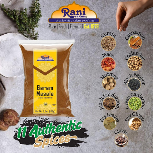 11-Spice 3.5oz (100g) Rani Garam Masala Indian Blend ~ All Natural, Salt-Free | Vegan | No Colors | Gluten Friendly |