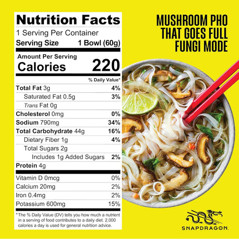 2.1 oz (6 Pack) Snapdragon Mushroom Pho Instant Noodle Bowls | Mushroom Flavor Broth with Rice Noodles | Gluten Free |