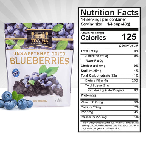 (20 Oz) Traina Home Grown Unsweetened Dried Blueberries - Healthy & Non-GMO, Natural Sweet Flavor With No Sugar Added