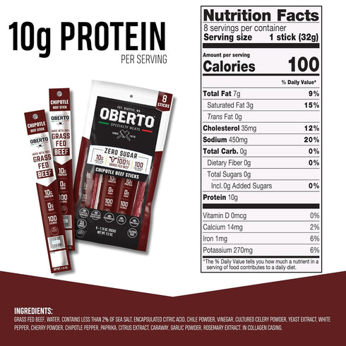 1.15 (Pack 8) Oberto Grass Fed Beef Sticks - Chipotle, Zero Sugar, No Artificial Ingredients, High Protein, Gluten