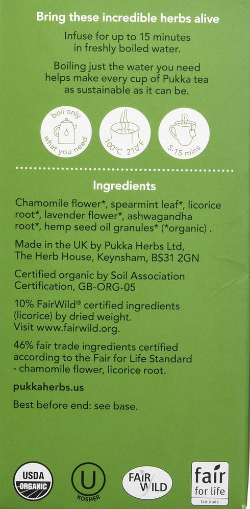 20 Pukka Organic Peace Herbal Tea with Spearmint, Ashwagandha, and Hemp Seed Oil, Caffeine Free, Total Tea Bags