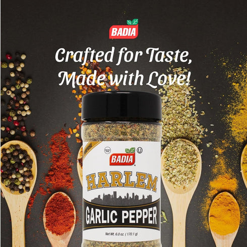 6 oz Badia Harlem Garlic Pepper Seasoning Blend, Bold Garlic & Pepper Flavor for Chicken, Steak, Seafood, Pasta